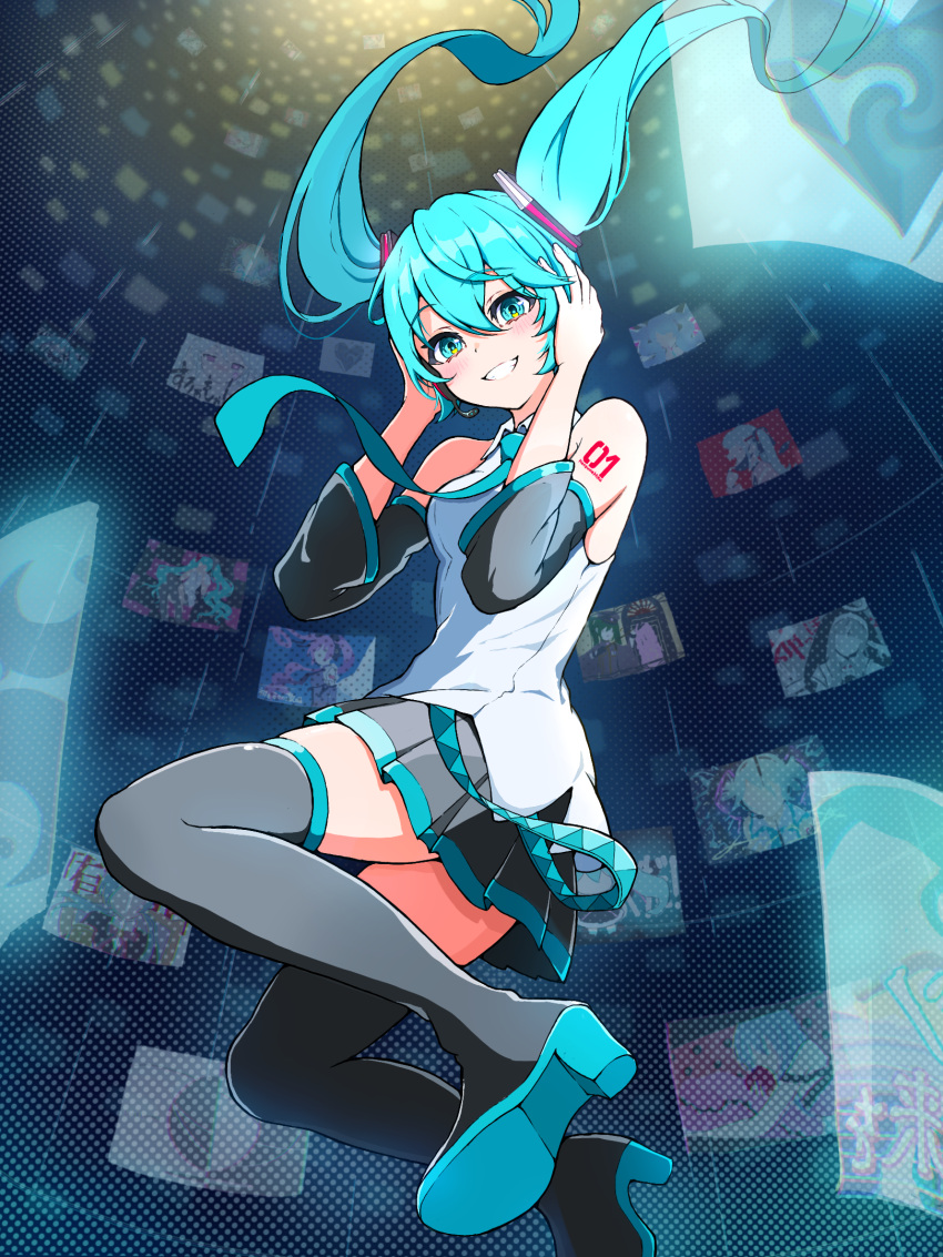 39_music_(vocaloid) aqua_eyes aqua_hair aqua_necktie boots collared_shirt commentary_request detached_sleeves dot_nose female floating floating_clothes floating_hair ghost_rule_(vocaloid) grey_footwear grey_skirt grin hair_between_eyes hair_ornament hands_on_own_head hatsune_miku headset hibikase_(vocaloid) high_heel_boots high_heels highres holographic_interface kamippoina_(vocaloid) light_blush long_hair long_sleeves looking_at_viewer magical_mirai_(vocaloid) miniskirt necktie number_tattoo raised_eyebrows ren'ai_saiban_(vocaloid) romeo_to_cinderella_(vocaloid) senbonzakura_(vocaloid) shirt shoulder_tattoo sidelocks skirt sleeveless sleeveless_shirt slow_motion_(vocaloid) smile solo song_request tattoo teeth thigh_boots twintails unknown_mother_goose_(vocaloid) ura-omote_lovers_(vocaloid) uzuki_sena vampire_(vocaloid) very_long_hair vocaloid white_shirt world_is_mine_(vocaloid)