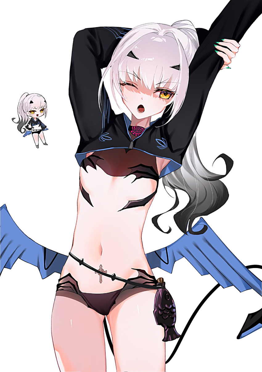 ;o absurdres arm_up ass_visible_through_thighs bikini black_bikini black_hair black_shrug breasts chibi chibi_inset cowboy_shot cross dragon_wings fate/grand_order fate_(series) female fish_bottle forked_eyebrows gradient_hair green_nails hair_intakes high_ponytail highres holding_own_arm long_hair long_sleeves looking_at_viewer lower_teeth_only melusine_(fate) melusine_(swimsuit_ruler)_(fate) melusine_(swimsuit_ruler)_(first_ascension)_(fate) multicolored_hair navel one_eye_closed open_mouth ponytail pubic_tattoo shrug_(clothing) siho_is_alien small_breasts standing stomach swimsuit tail tattoo teeth white_hair wings yellow_eyes