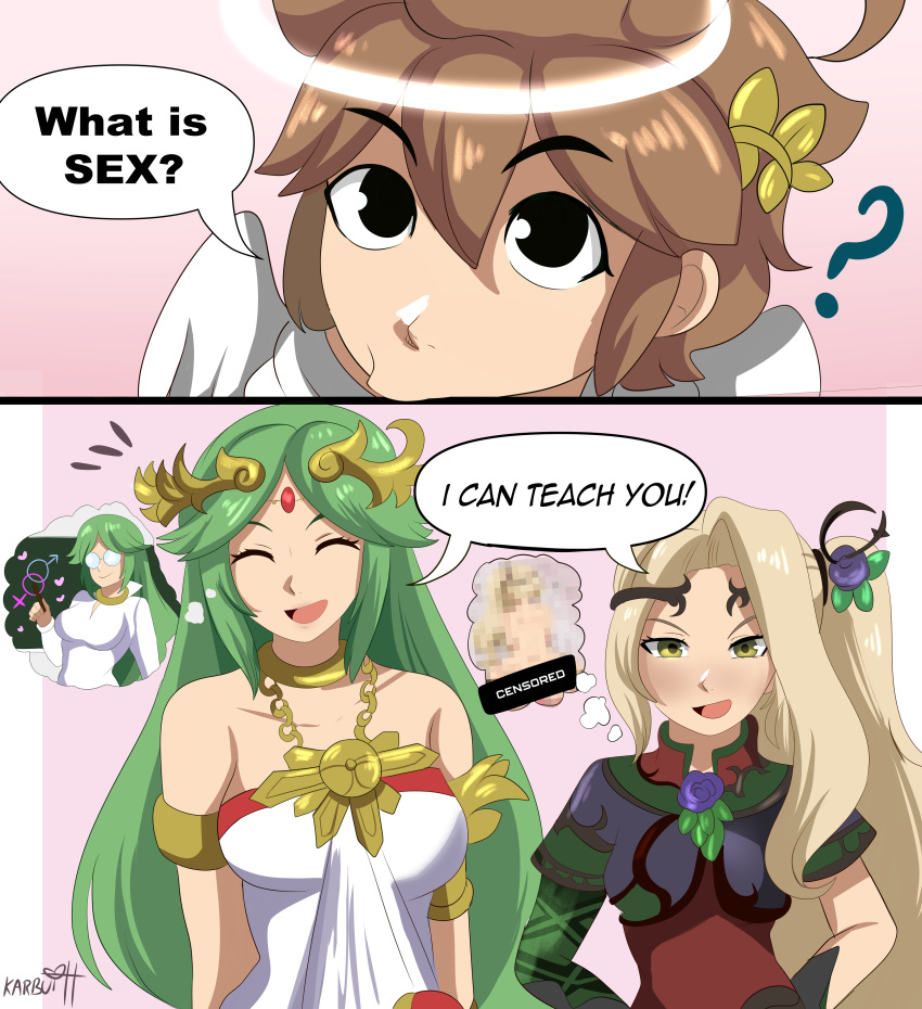 1boy 2girls black_hair blonde_hair brown_hair closed_eyes dialogue english_text female funny green_eyes green_hair karbuitt kid_icarus kid_icarus_uprising long_hair looking_at_viewer male nintendo palutena pit_(kid_icarus) smile speech_bubble thought_bubble very_high_resolution viridi