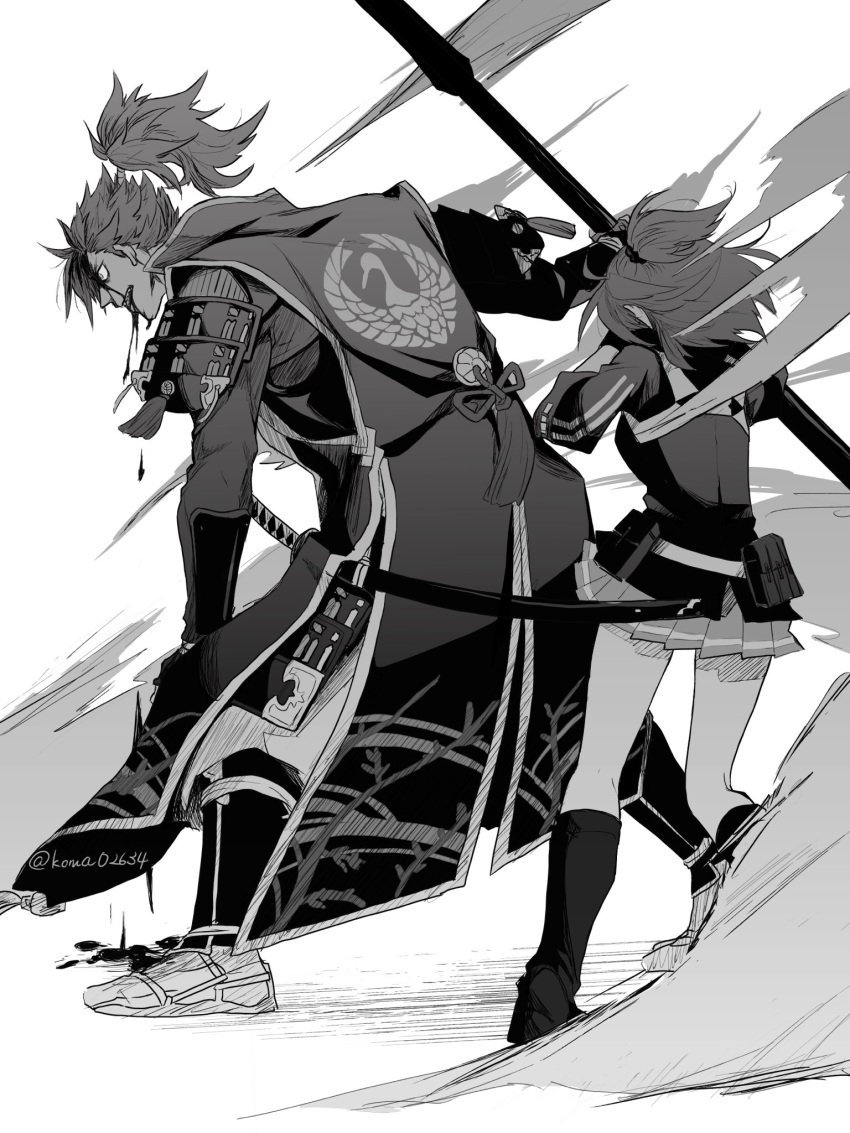 1boy armor bleeding blood blood_on_face fate/grand_order fate_(series) female fujimaru_ritsuka_(female) fujimaru_ritsuka_(female)_(polar_chaldea_uniform) gloves greyscale hair_ornament hair_scrunchie high_ponytail highres holding holding_polearm holding_weapon jacket japanese_armor japanese_clothes jinbaori jinbei_(clothes) katana koma02634 long_hair long_sleeves monochrome mori_nagayoshi_(fate) one_side_up polearm ponytail scrunchie sharp_teeth short_hair skirt spear spiked_hair sword teeth weapon