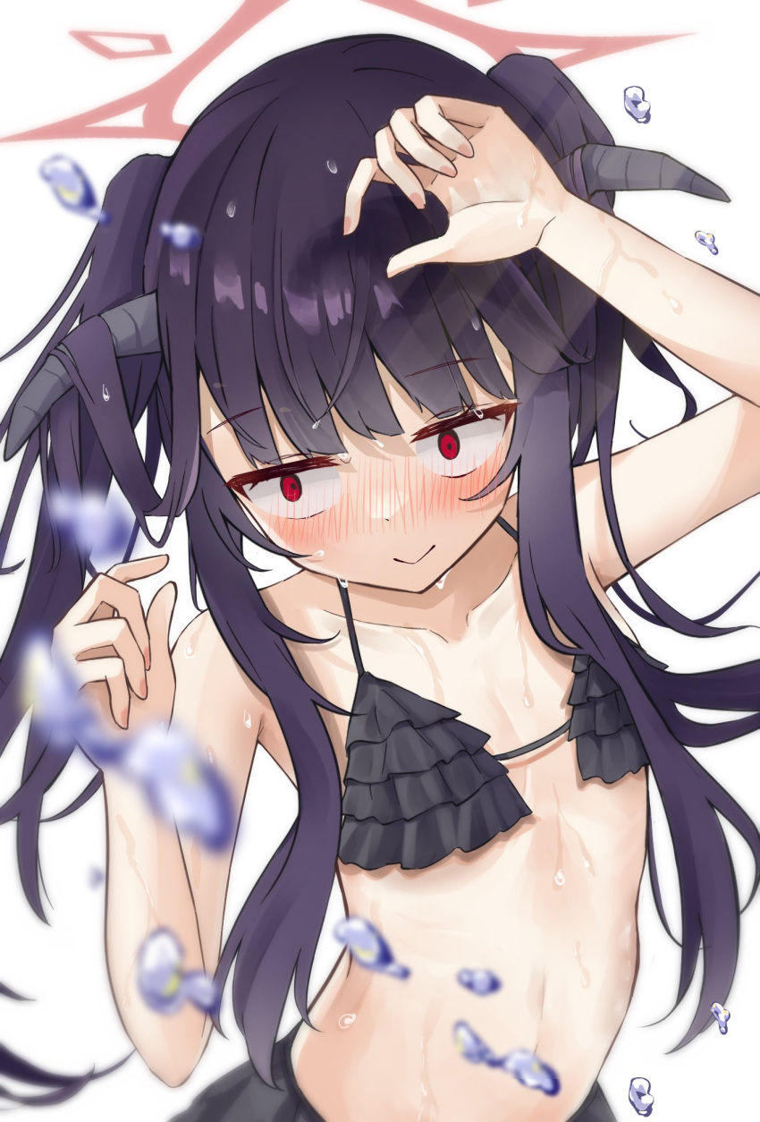 alternate_costume bikini black_bikini black_hair black_horns blue_archive blush closed_mouth collarbone commentary_request female flat_chest frilled_bikini frills fuuka_(blue_archive) halo highres horns long_hair looking_at_viewer mosae red_eyes red_halo simple_background solo swimsuit wet white_background