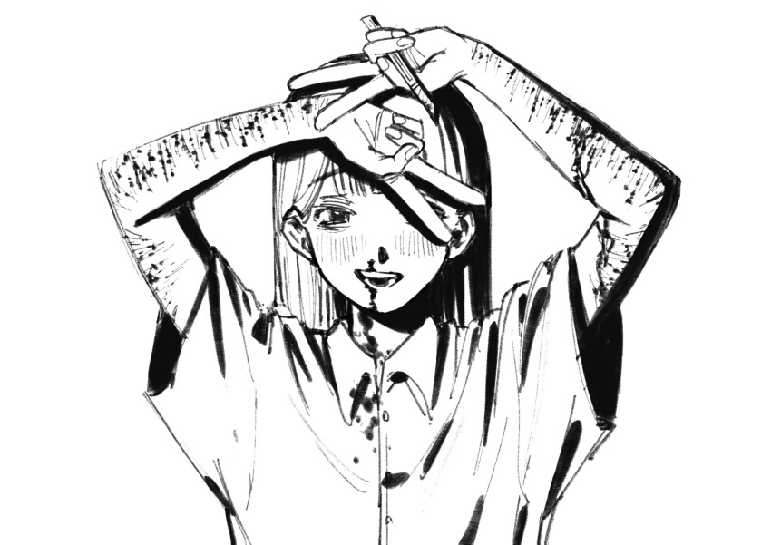 arms_up bleeding blood blood_on_clothes blood_on_face chshuu01 cuts double_v female greyscale highres injury long_hair looking_at_viewer monochrome nosebleed original razor_blade self-harm shirt simple_background solo upper_body v white_background