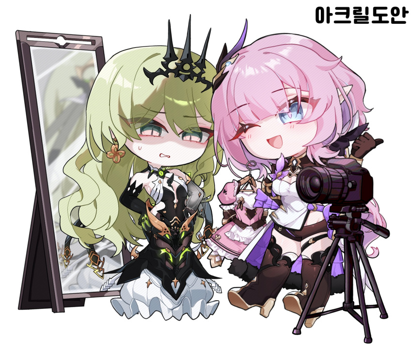 2girls bare_shoulders black_dress black_footwear black_gloves black_shorts black_tiara blue_eyes boots breasts camera center_opening chibi chibi_only cleavage clenched_teeth clothes_hanger corset dduehddueh dress earrings elf elysia_(honkai_impact) elysia_(miss_pink_elf)_(honkai_impact) gloves green_hair high_heel_boots high_heels highres holding holding_clothes_hanger holding_unworn_clothes holding_unworn_dress honkai_(series) honkai_impact_3rd jewelry korean_text large_breasts long_hair mirror mobius_(honkai_impact) multiple_girls one_eye_closed open_mouth ouroboros parted_lips partially_shaded_face pink_hair pointy_ears short_shorts shorts single_glove slit_pupils small_breasts sweatdrop teeth thighs tiara unworn_dress white_background white_corset