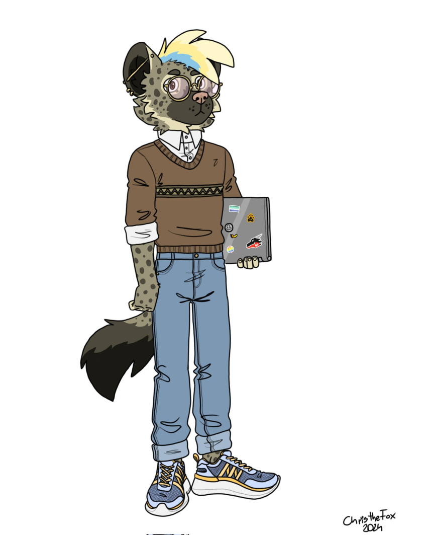 alex_the_yeen anthro bartek22 boots bottomwear brown_eyes clothing computer denim denim_bottomwear denim_clothing ear_piercing electronics eyewear footwear glasses hi_res holding_laptop holding_object hyena jeans laptop looking_forward male mammal nerd pants piercing round_glasses shirt shoes solo tail topwear