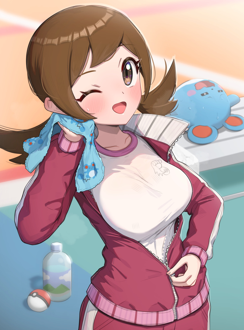 ;d absurdres blush bottle breasts brown_eyes brown_hair commentary_request female gonzarez gym_shirt highres holding holding_towel jacket large_breasts looking_at_viewer lyra_(pokemon) marill one_eye_closed poke_ball poke_ball_(basic) pokemon pokemon_(creature) pokemon_hgss shirt short_twintails smile towel track_jacket twintails unzipped zipper