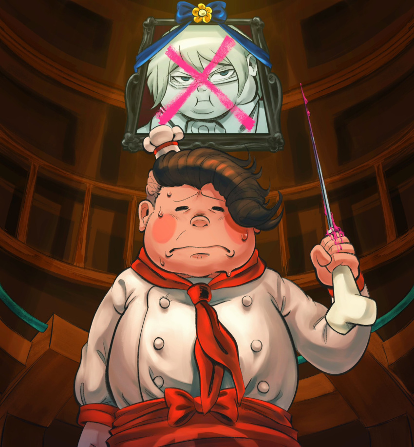 1boy apron asymmetrical_hair blood blush_stickers bow brown_hair buttons chef_hat closed_eyes closed_mouth danganronpa_(series) danganronpa_2:_goodbye_despair double-breasted facing_viewer hanamura_teruteru hand_up hat highres holding holding_weapon iei indoors long_sleeves lynn_(daisiloou) male_focus neckerchief photo_(object) pink_blood red_apron red_bow red_neckerchief sidecut solo spoilers sweat togami_byakuya undercut weapon