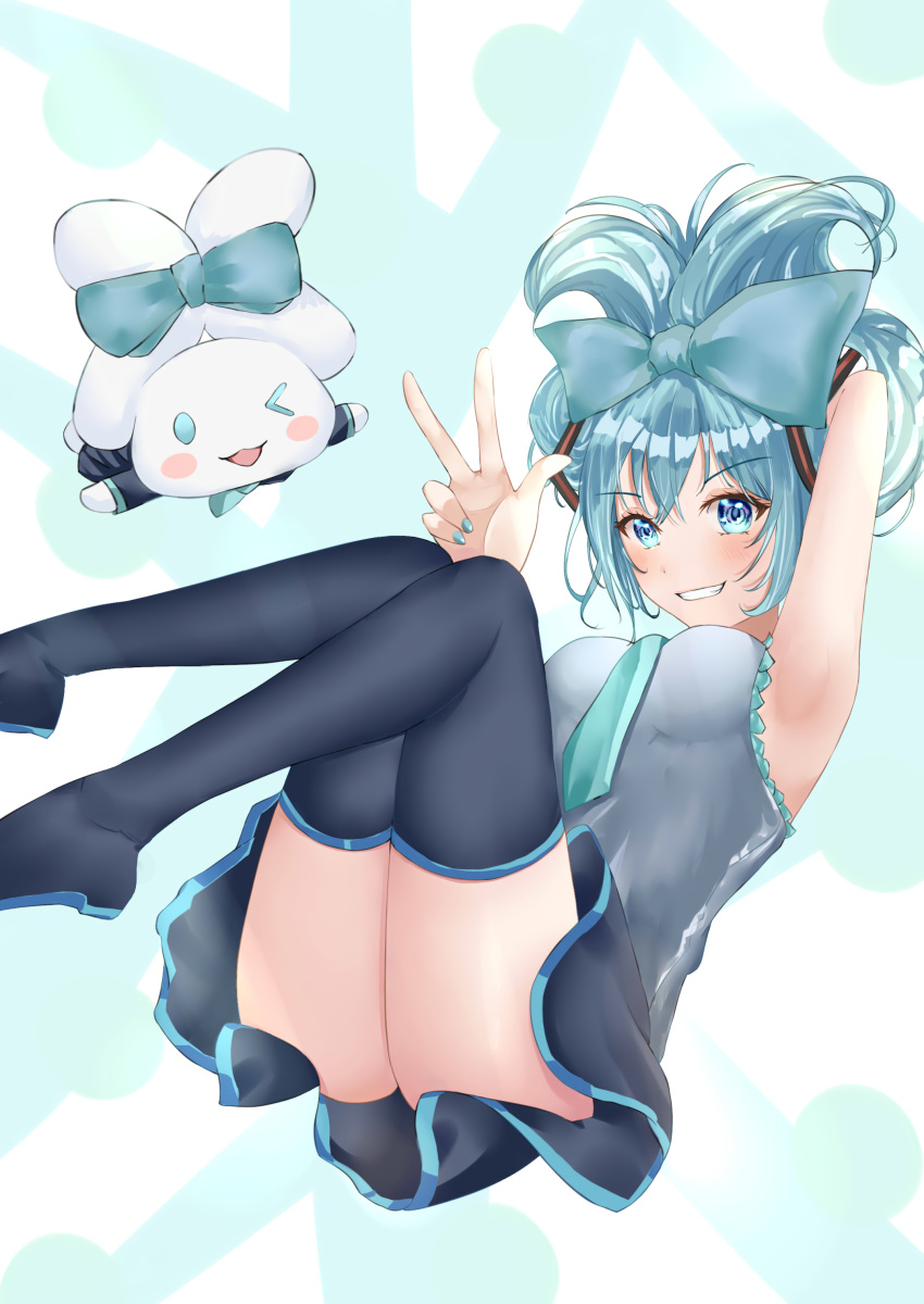 1other absurdres arm_up armpits black_footwear black_skirt blue_background blue_bow blue_eyes blue_hair blue_nails blue_necktie blue_trim boots bow breasts cinnamiku cinnamoroll colored_shoe_soles female full_body grey_shirt grin hair_ornament hairbow hand_up hatsune_miku highres looking_at_viewer medium_breasts medium_hair necktie open_mouth sanrio shirt skirt sleeveless sleeveless_shirt smile thigh_boots two-tone_background updo vocaloid w white_background yaamodo_seijin