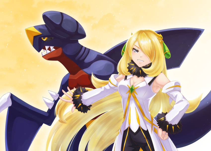 absurdres black_collar black_pants blonde_hair breasts cleavage collar cynthia_(arc_suit)_(pokemon) cynthia_(pokemon) detached_sleeves eyelashes female fur_collar garchomp gem green_gemstone grey_eyes grin hair_ornament hair_over_one_eye hand_on_own_hip highres jyouka long_hair looking_at_viewer official_alternate_costume outstretched_arm pants pokemon pokemon_(creature) pokemon_masters_ex smile teeth yellow_background