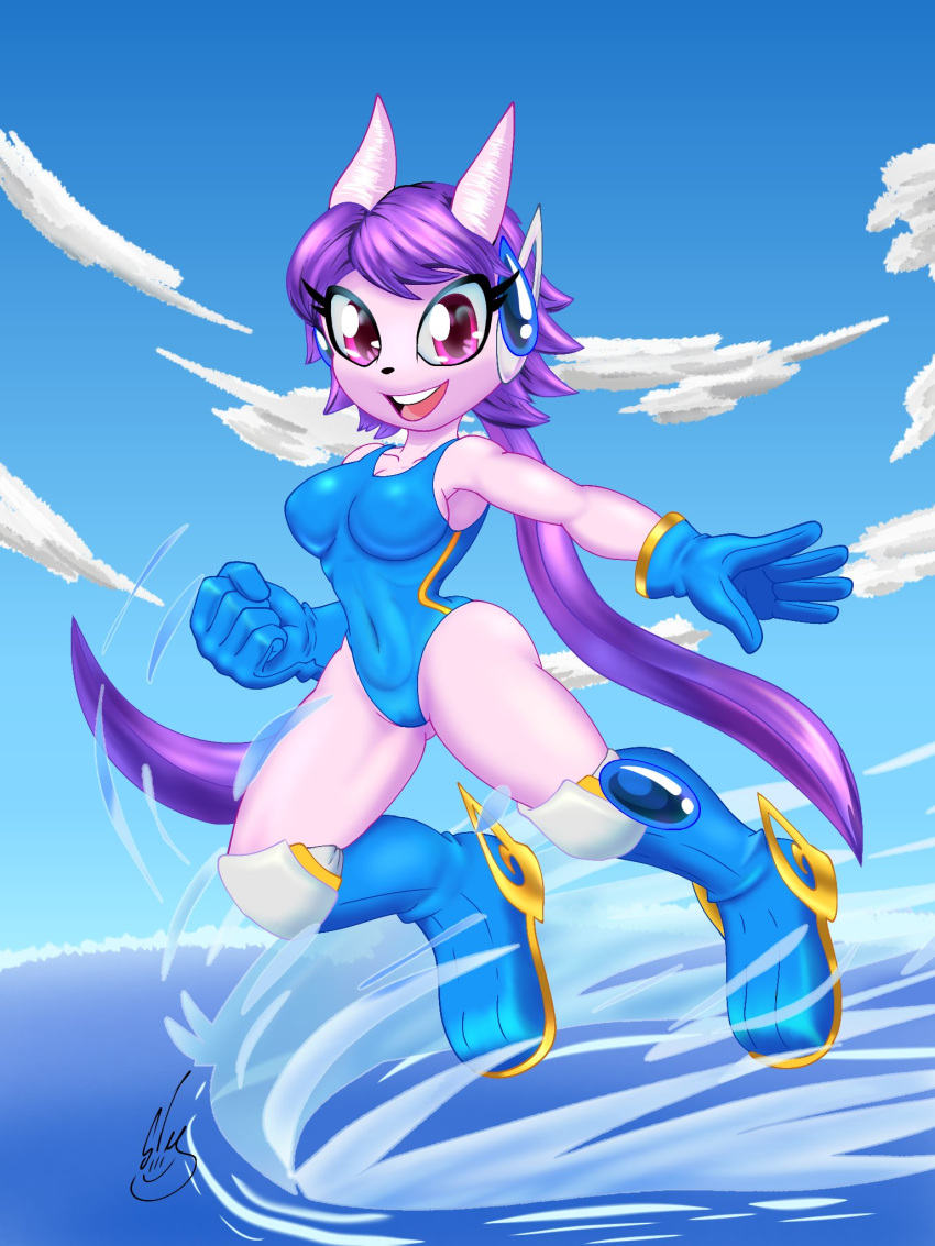 aquatic_dragon barely_sly bathing_suit belly_visible_through_clothing boots clouds dragon freedom_planet freedom_planet_2 gloves hearing_aid horns pink_eyes ponytail purple_hair purple_skin running sash_lilac sky water