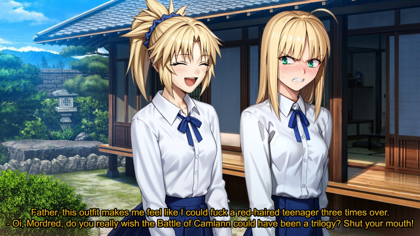 2girls artoria_pendragon blonde_hair dialogue embarrassed english_text fate/apocrypha fate/stay_night fate_(series) father_and_daughter female female_only mordred_(fate) mother_and_daughter multiple_girls pissed_off saber smile smiling text white_skin wholesome