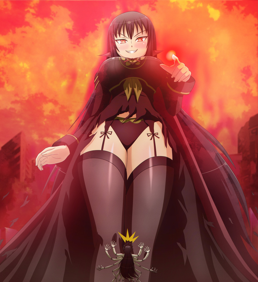 absurdres black_hair black_panties black_thighhighs blush breasts from_below giant giantess grin highres jenny_secret kagura_(senran_kagura) long_hair panties pantyshot red_eyes senran_kagura senran_kagura_estival_versus senran_kagura_shinovi_versus smile smirk smug thighhighs torn_clothes underwear