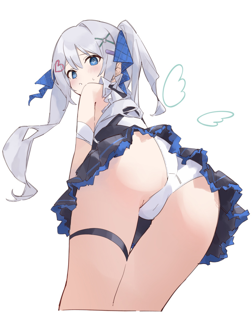 ass ass_focus blue_eyes commentary_request commission dress female highres legs long_hair looking_at_viewer masquerade masquerade_channel panties pantyshot rakugaki_ningen short_dress simple_background skeb_commission solo tenshi_nano underwear uniform virtual_youtuber white_background white_panties wings