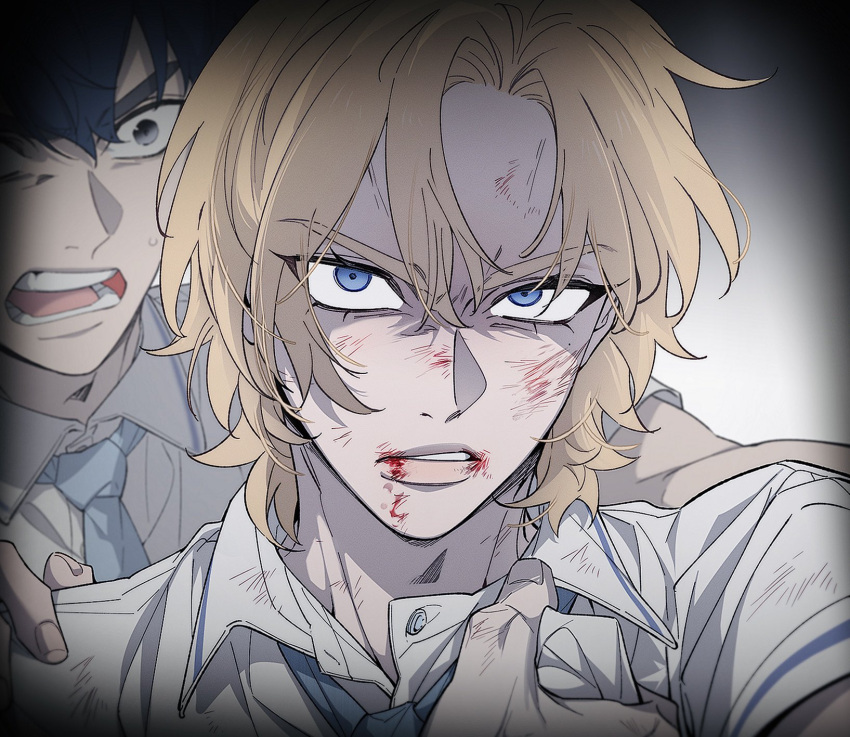 3boys angry blonde_hair blood blood_on_face blood_on_mouth blue_eyes blue_hair blue_necktie clothes_grab collared_shirt disembodied_hand eunho_(plave) gradient_background hair_between_eyes hand_on_another's_shoulder highres looking_at_another male_focus multiple_boys necktie noah_(plave) open_collar open_mouth p_o_p_dorodoro parted_lips plave shirt short_sleeves shouting sneer solo_focus teeth tongue upper_body white_shirt yejun_(plave)