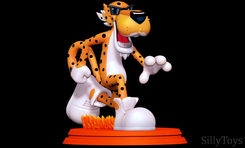 3d_(artwork) 3d_modeling 3d_print anthro breasts cheetah cheetos chester_cheetah digital_media_(artwork) eyewear felid feline fire fist fur hi_res male mammal mascot open_mouth orange_body running sillytoys simple_background solo spots stage sunglasses