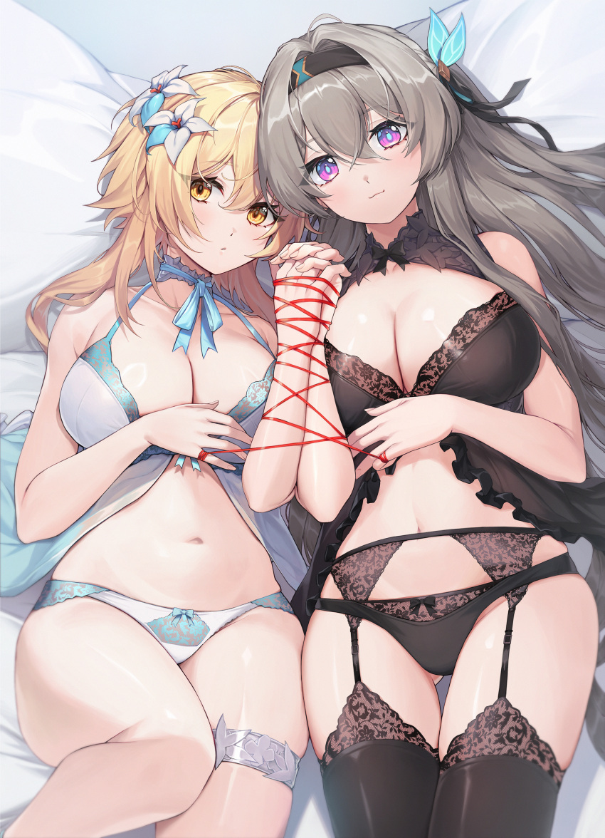 2girls absurdres babydoll black_babydoll black_garter_belt black_panties black_thighhighs blonde_hair bow bow_panties breasts cleavage firefly_(honkai:_star_rail) flower garter_belt garter_straps grey_hair highres holding_hands honkai:_star_rail honkai_(series) lace-trimmed_babydoll lace-trimmed_thighhighs lace_trim large_breasts lingerie looking_at_viewer lumine_(genshin_impact) lying multiple_girls on_back panties purple_eyes red_ribbon ribbon sunnillust thigh_strap thighhighs underwear white_babydoll white_flower white_panties yellow_eyes