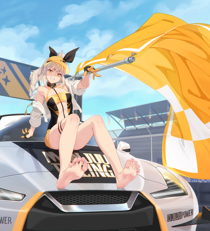 arm_support armpits azur_lane bare_legs barefoot black_gloves blue_sky braid braided_ponytail breasts car character_request cloud cloudy_sky collarbone convenient_leg cropped_jacket day feet feguimel female flag foot_focus full_body gloves grey_hair highres holding holding_flag jacket knees_up legs medium_breasts motor_vehicle off_shoulder outdoors race_queen revealing_clothes see-through short_shorts shorts sitting skindentation sky soles solo teeth toenails toes visor_cap white_jacket yellow_eyes yellow_gloves yellow_shorts