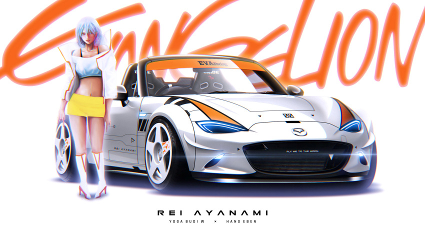 alternate_costume artist_name ayanami_rei blue_hair boots breasts bride_(brand) car character_name collarbone convertible copyright_name english_commentary female hans_eben high_heel_boots high_heels highres jacket mazda mazda_mx-5 mazda_mx-5_nd medium_breasts medium_hair midriff miniskirt motor_vehicle navel neon_genesis_evangelion off_shoulder shadow shirt skirt sports_car vehicle_focus white_footwear white_jacket white_shirt yellow_skirt yogabudiw