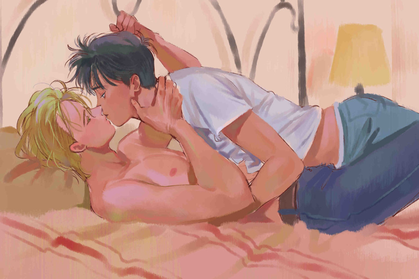 ash_lynx banana_fish bed bed_frame black_hair blonde_hair couple denim hand_on_another's_neck highres interracial jeans kissing koyasuyasuko12 lamp lying lying_on_person nipples okumura_eiji on_back pants pillow shirt short_hair t-shirt topless_male white_shirt yaoi