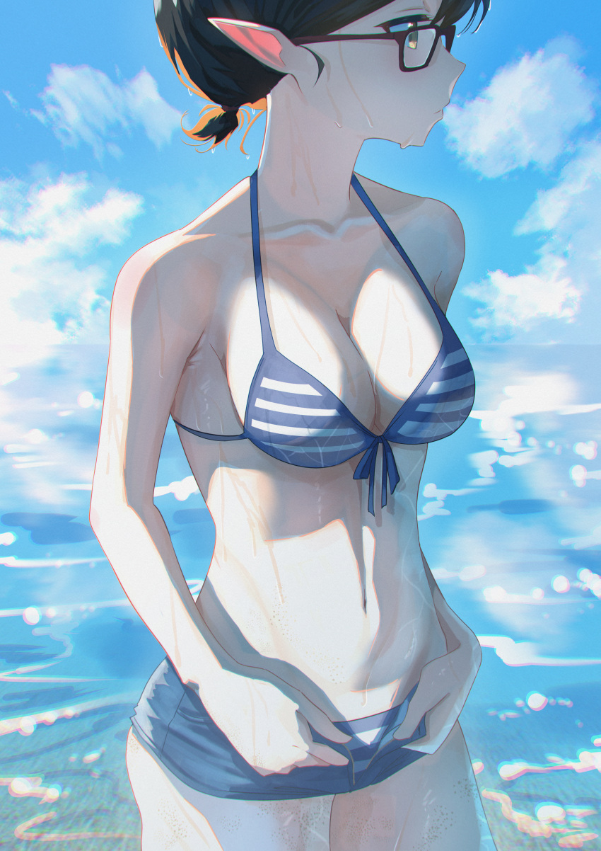 absurdres ayane_(blue_archive) ayane_(swimsuit)_(blue_archive) bikini black_hair blue_archive blue_sky breasts brown_eyes cleavage cloud collarbone cowboy_shot day female from_side front-tie_top glasses halterneck highres medium_breasts navel ocean open_fly outdoors pointy_ears red-framed_eyewear shidoni short_hair short_shorts shorts sky solo standing striped_bikini striped_clothes swimsuit swimsuit_under_clothes wading water wet