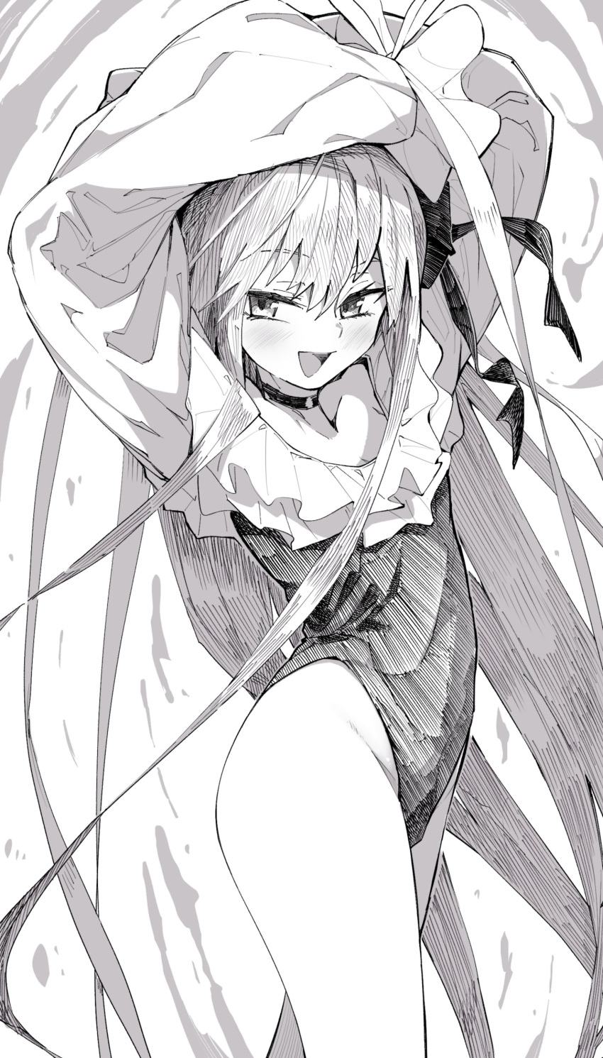 absurdres arms_up blush choker fate/grand_order fate_(series) female greyscale hair_ribbon highres long_hair meltryllis_(fate) meltryllis_(swimsuit_lancer)_(fate) monochrome off-shoulder_one-piece_swimsuit off_shoulder one-piece_swimsuit open_mouth ribbon sleeves_past_fingers sleeves_past_wrists smile solo swimsuit very_long_hair waira