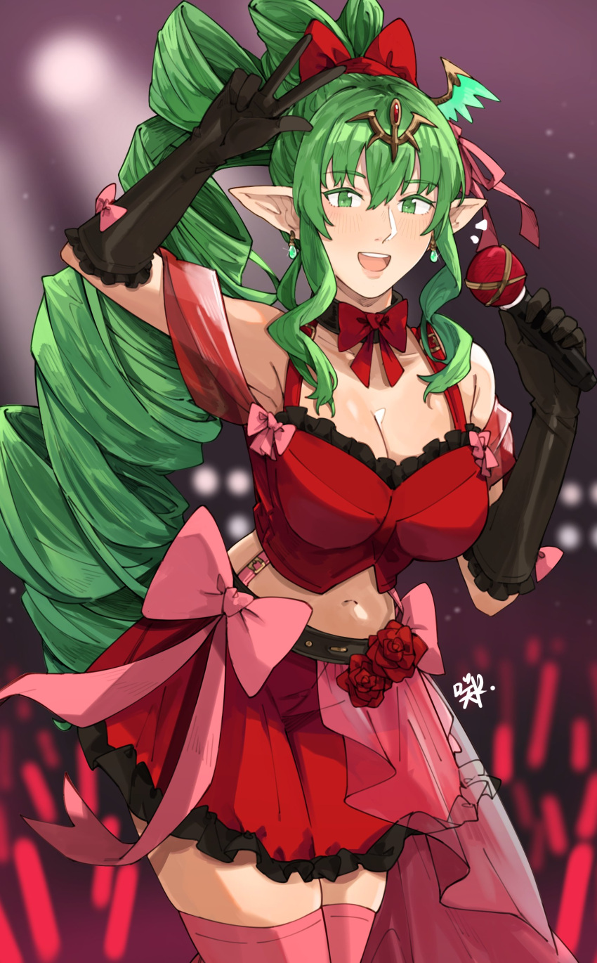 absurdres alternate_costume alternate_hairstyle arm_up black_choker black_gloves blurry blurry_background bow bow_choker bow_skirt breasts choker cleavage concert cowboy_shot crop_top drill_hair drill_ponytail earrings elbow_gloves english_commentary female fire_emblem fire_emblem_awakening flower gem glove_bow gloves glowstick green_eyes green_hair hair_between_eyes hair_ornament hair_ribbon hairbow hand_up highres holding holding_microphone idol idol_clothes jewelry light_blush long_hair looking_at_viewer microphone midriff navel notice_lines open_mouth penlight_(glowstick) pink_bow pink_ribbon pink_thighhighs pointy_ears ponytail red_bow red_flower red_gemstone red_rose red_shirt red_skirt ribbon rose sakuremi see-through shirt skindentation skirt smile solo strap teeth thighhighs tiara tiki_(adult)_(fire_emblem) tiki_(fire_emblem) upper_teeth_only v