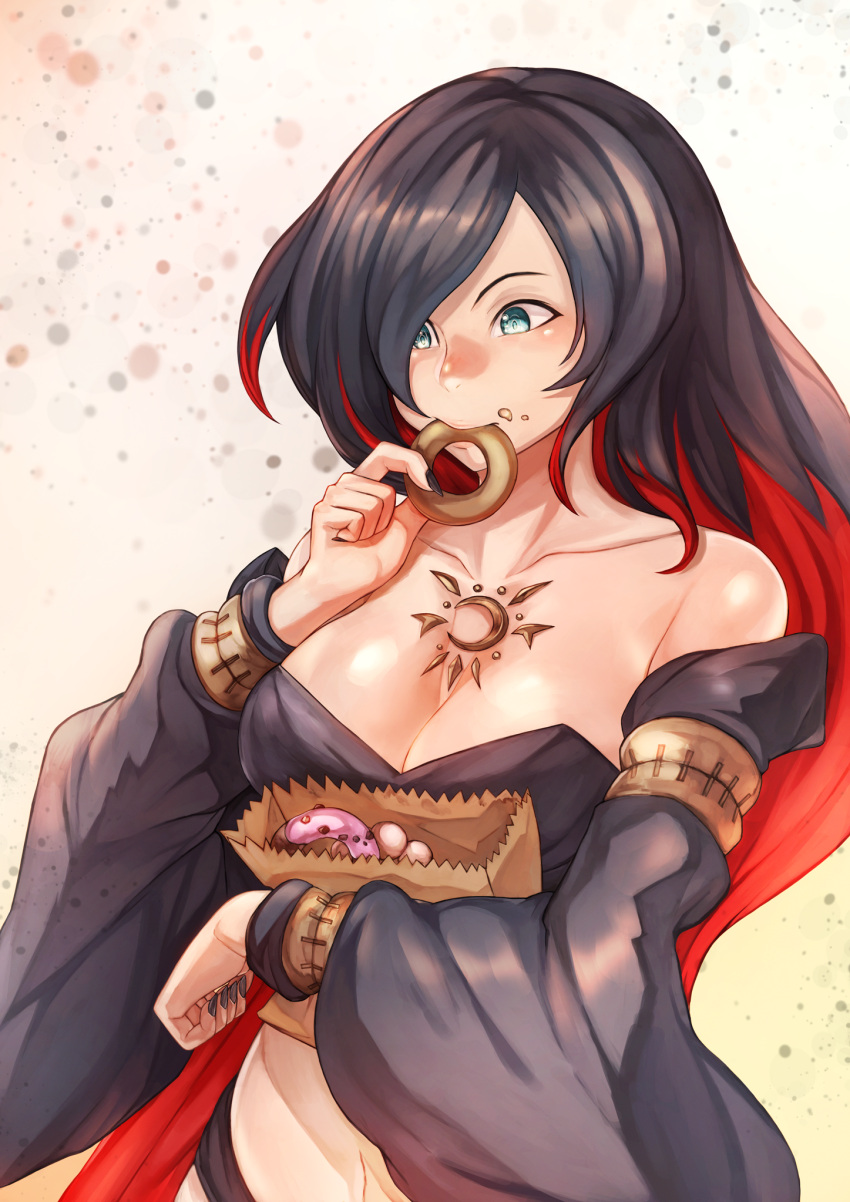 bag black_hair blue_eyes breasts brown_bag cleavage crow_(gravity_daze) doughnut eating female food gravity_daze highres itoeit large_breasts long_hair long_sleeves multicolored_hair navel red_hair simple_background solo two-tone_hair