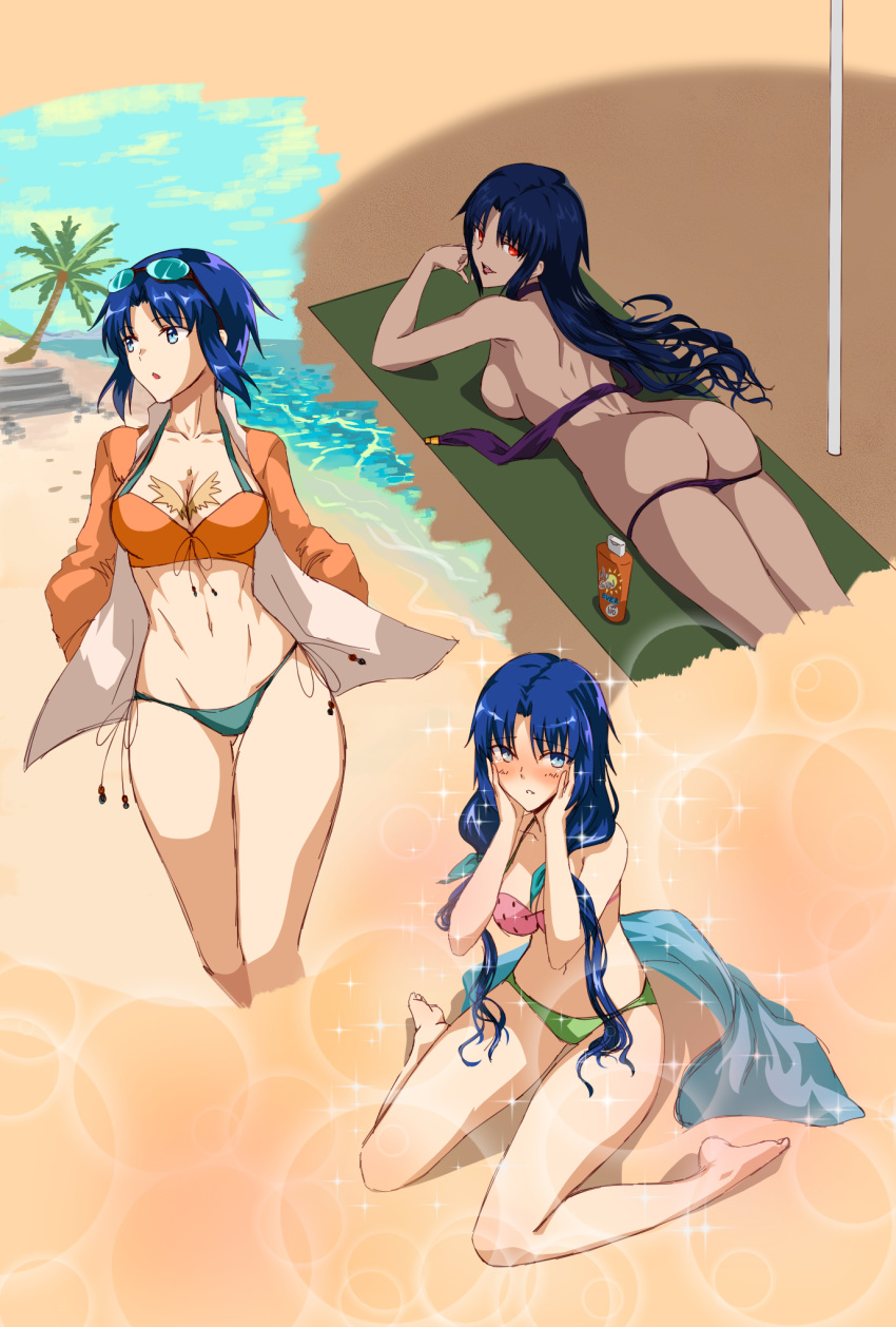 2girls ass ass_visible_through_thighs axia-chan bikini bikini_under_clothes blue_eyes blush breast_tattoo breasts chest_tattoo ciel_(tsukihime) cleavage collage commentary_request cropped_legs elesia eyewear_on_head highres large_breasts lips long_hair looking_at_viewer lotion lying multiple_girls navel nose_blush on_stomach palm_tree shadow short_hair sideboob sitting sparkle sunscreen swimsuit tan tattoo tree tsukihime unworn_bikini_bottom unworn_bikini_top very_long_hair wariza