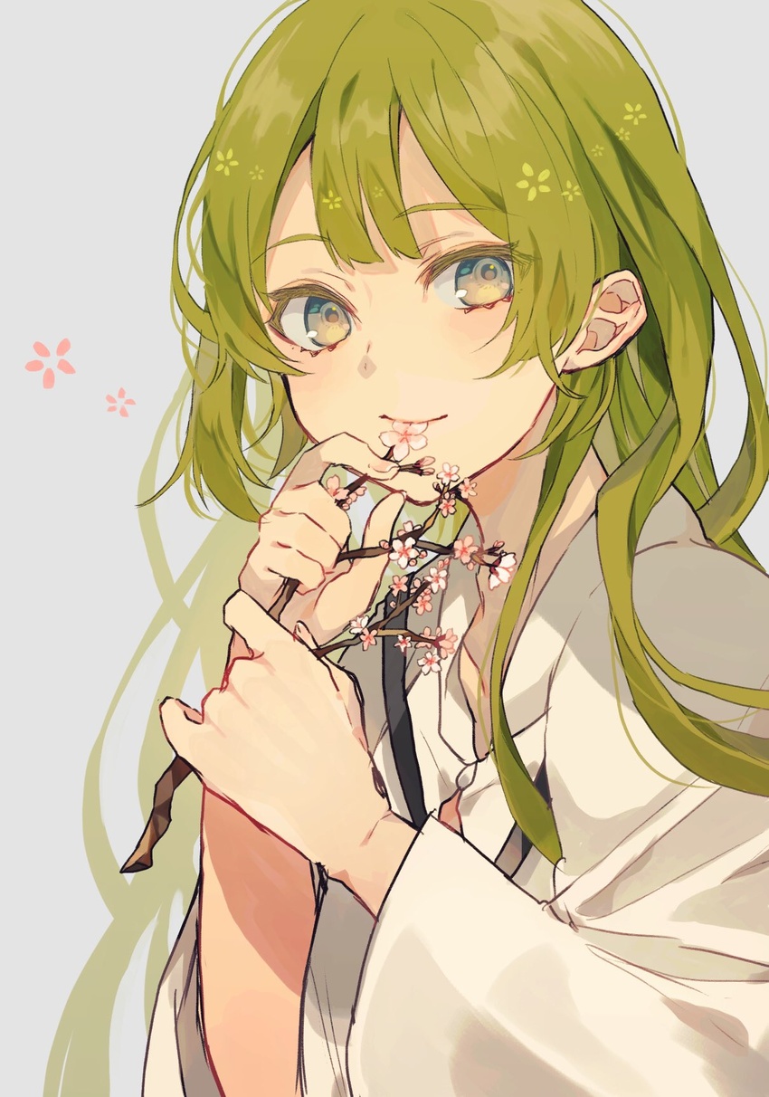 1boy bad_id bad_twitter_id blush branch cherry_blossoms closed_mouth commentary enkidu_(fate) eyes_visible_through_hair fate/strange_fake fate_(series) green_hair grey_background grey_eyes hands_up highres holding long_sleeves looking_at_viewer male_focus satsuki_(miicat) simple_background smile solo upper_body wide_sleeves