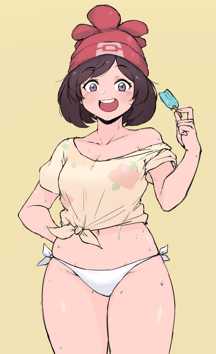 :d arm_behind_back bad_id bad_pixiv_id beanie bikini bikini_bottom_only blush brown_hair cleanerjay collarbone commentary female food hand_up hat highres holding holding_stick looking_at_viewer navel no_pants off_shoulder open_mouth pokemon pokemon_sm popsicle red_hat selene_(pokemon) shirt short_hair short_sleeves simple_background smile solo stick sweat swimsuit teeth tied_shirt tongue upper_teeth_only white_bikini yellow_background yellow_shirt