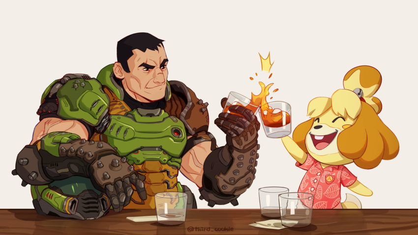 1boy alcohol animal_crossing assault_visor bell black_hair blonde_hair buck_teeth commentary crossover cup dog_girl dog_tail doom_(series) doom_eternal doomguy drinking_glass english_commentary female glass hair_bell hair_ornament hawaiian_shirt helmet highres isabelle_(animal_crossing) praetor_suit shirt simple_background smile table tail teeth third_cookie toasting_(gesture) topknot unworn_headwear unworn_helmet whiskey