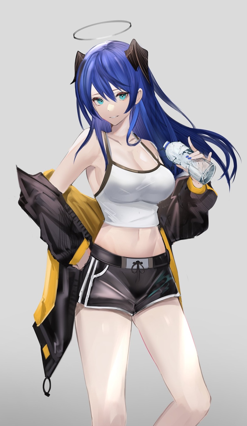 arknights armpits bare_shoulders black_jacket black_shorts blue_eyes blue_hair blue_nails bottle breasts camisole cleavage collarbone cowboy_shot crop_top eugle_na female grey_background grin halo hand_on_own_hip hand_up highres holding holding_bottle horns jacket large_breasts long_hair long_sleeves looking_at_viewer midriff mostima_(arknights) nail_polish navel off_shoulder official_alternate_costume open_clothes open_jacket parted_lips shirt short_shorts shorts simple_background sleeveless sleeveless_shirt smile solo spaghetti_strap standing stomach taut_clothes taut_shirt thighs water_bottle white_shirt