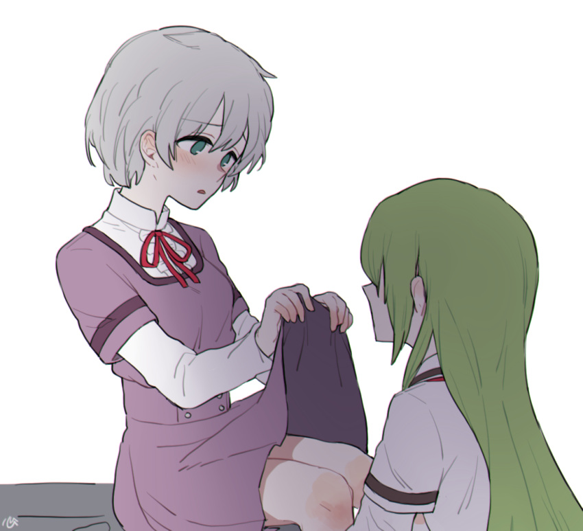 2girls alina_gray an_sin azusa_mifuyu bad_id bad_twitter_id blush center_frills clothes_lift collared_shirt frilled_shirt frills green_hair grey_hair hair_between_eyes layered_sleeves lifting_own_clothes long_hair long_sleeves looking_at_another magia_record:_mahou_shoujo_madoka_magica_gaiden mahou_shoujo_madoka_magica mizuna_girls'_academy_school_uniform multiple_girls neck_ribbon open_mouth pleated_skirt purple_ribbon purple_shirt purple_skirt ribbon sakae_general_school_uniform school_uniform shirt shirt_under_shirt short_hair short_over_long_sleeves short_sleeves simple_background skirt skirt_lift straight_hair white_background white_shirt yuri