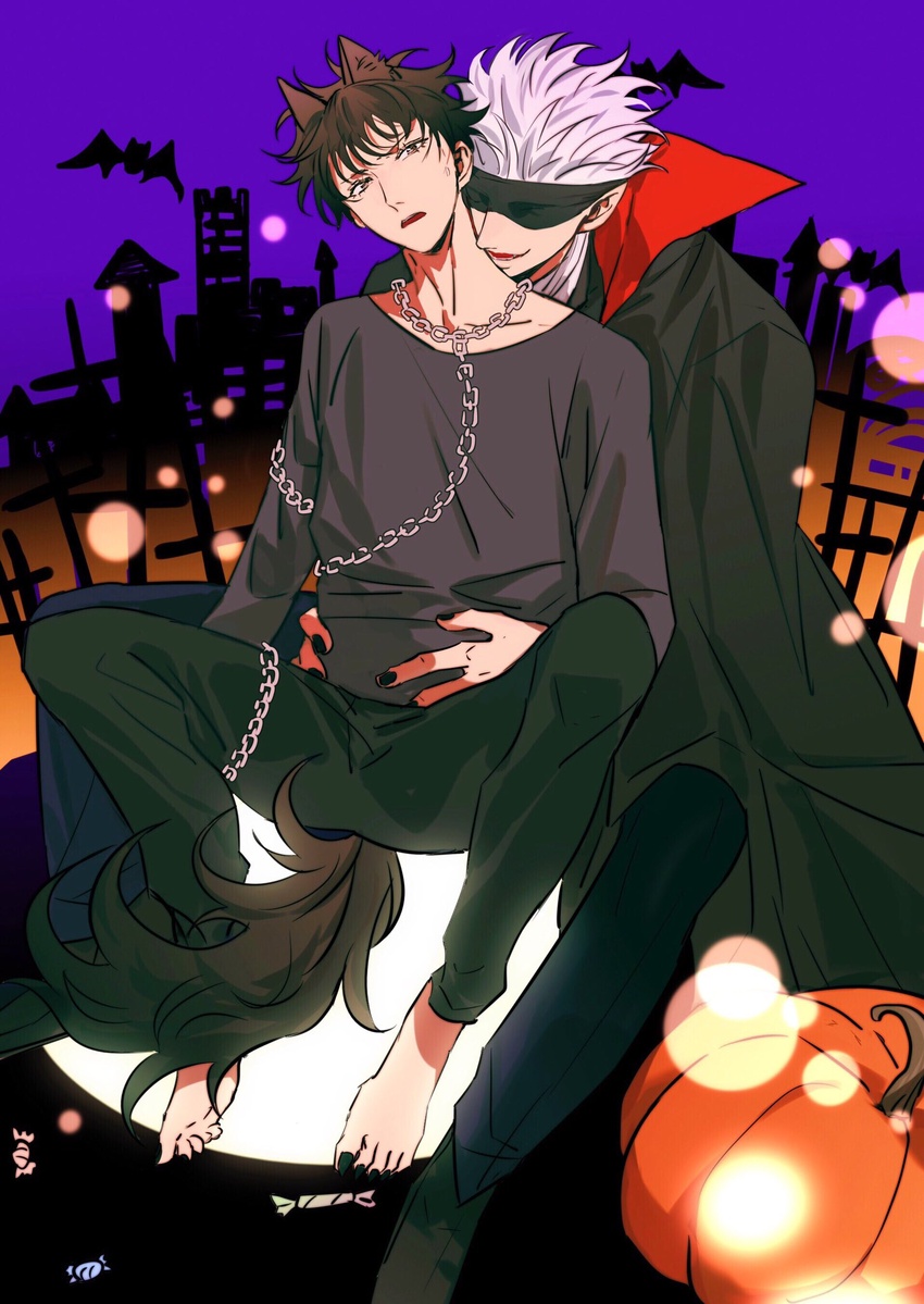 2boys animal_ears black_blindfold black_hair black_nails black_pants black_shirt blindfold candy cape chains food fushiguro_megumi gojou_satoru hair_between_eyes halloween halloween_costume highres jujutsu_kaisen long_sleeves male_focus multiple_boys nail_polish pants pumpkin shenshan_laolin shirt short_hair smile spiked_hair tail vampire_costume werewolf_costume white_hair wolf_ears wolf_tail yaoi