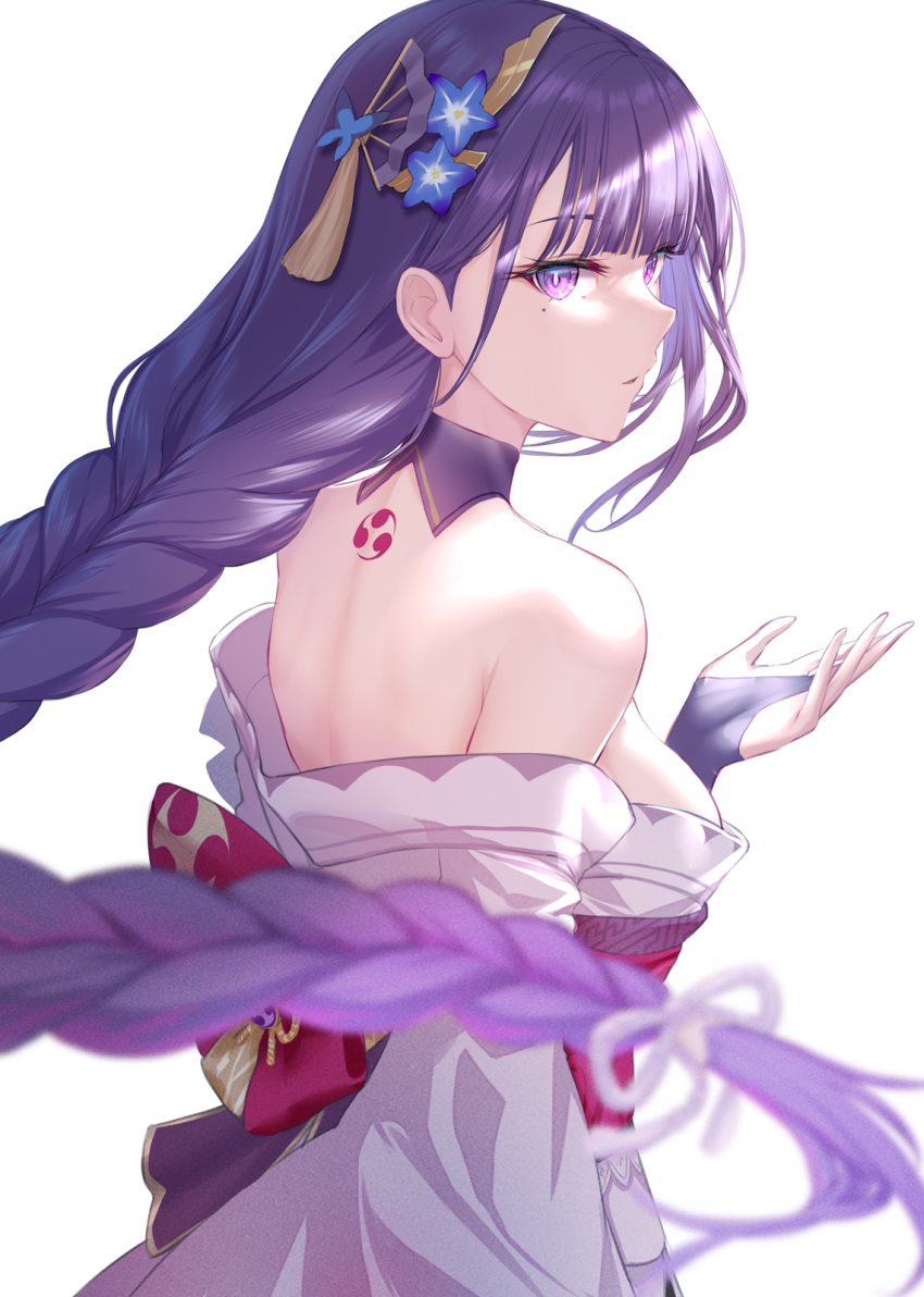 back_tattoo blue_flower braid breasts bridal_gauntlets female flower genshin_impact hair_flower hair_ornament highres japanese_clothes kachayori kimono large_breasts long_braid long_hair long_sleeves looking_at_viewer mitsudomoe_(shape) mole mole_under_eye off_shoulder purple_eyes purple_hair purple_kimono raiden_shogun sash shrug_(clothing) solo tattoo tomoe_(symbol) very_long_hair wide_sleeves