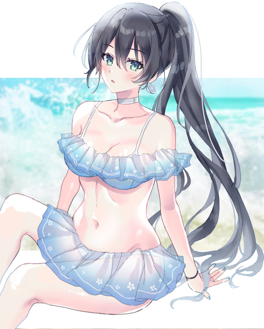 absurdres alice_fiction bikini black_hair blue_eyes blush bracelet breasts choker cleavage earrings female highres jewelry konyo_satsuki long_hair looking_at_viewer neu_(alice_fiction) ocean off-shoulder_bikini off_shoulder ponytail sitting solo star_(symbol) swimsuit