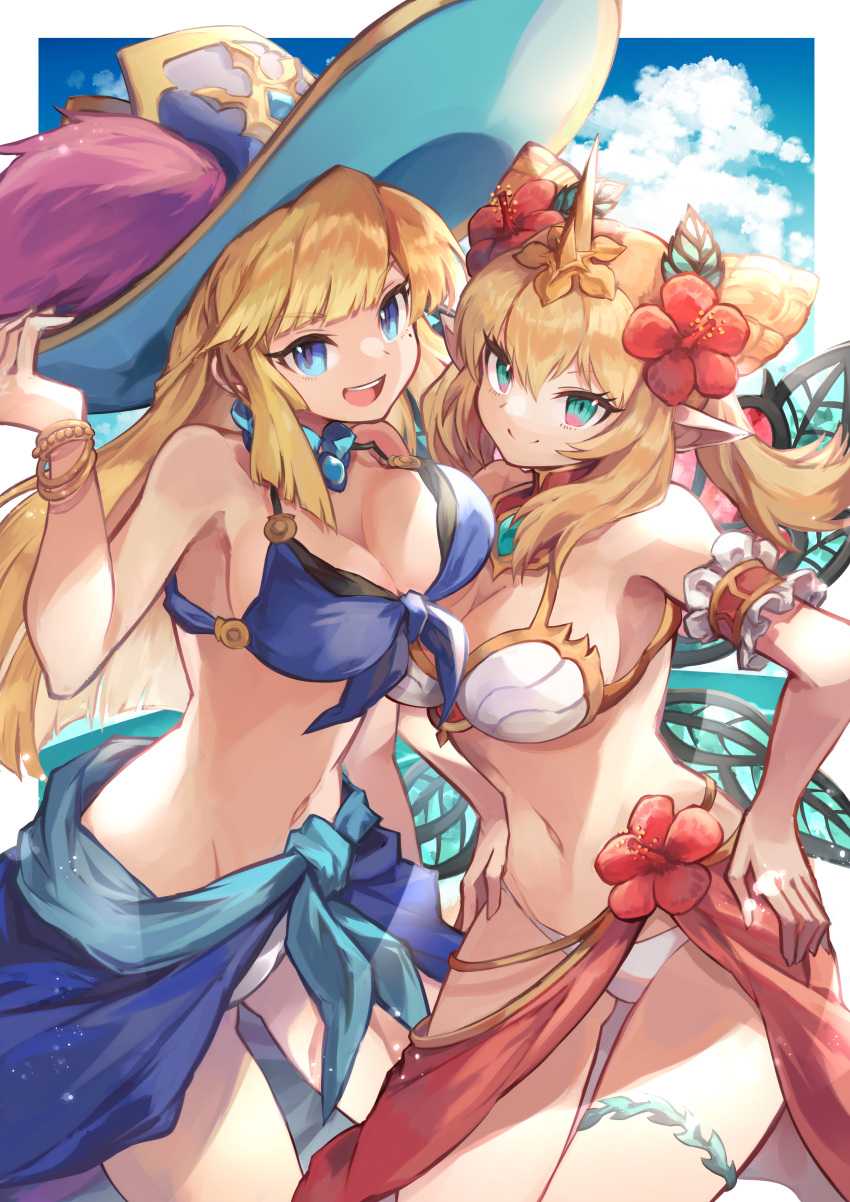 2girls absurdres armband asymmetrical_docking awilda_(p&d) bikini blonde_hair blue_hair breast_press breasts cleavage double_bun flower gradient_eyes green_eyes hair_bun hair_flower hair_ornament hat_feather hibiscus highres horns kuuron_(moesann17) leaf_wings multicolored_eyes multiple_girls open_mouth pointy_ears puzzle_&_dragons red_eyes rosalyn_(p&d) sarong single_horn swimsuit