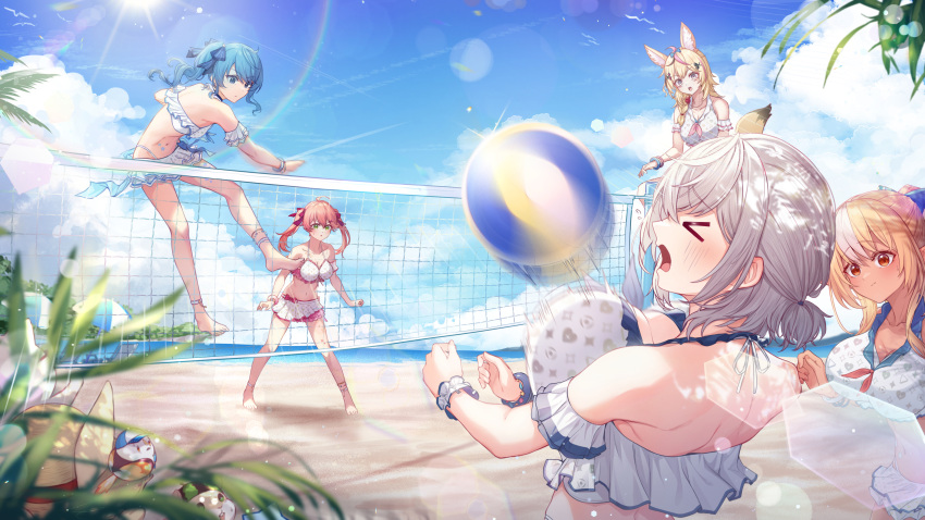 >_< 35p_(sakura_miko) 5girls absurdres ahoge animal_ears anklet barefoot beach beach_volleyball bikini bikini_skirt bird blonde_hair blue_eyes blue_hair blue_sky bouncing_breasts bracelet braid breasts cloud dan'in-san_(shirogane_noel) dark-skinned_female dark_skin day elfriend_(shiranui_flare) fox_ears fox_girl fox_tail frilled_bikini frills green_eyes grey_hair hair_between_eyes hair_ornament hair_ribbon halterneck hat highres hololive hololive_summer_2022_swimsuit hoshimachi_suisei jewelry jumping large_breasts lens_flare long_hair looking_at_another medium_hair multicolored_hair multiple_girls navel ocean omaru_polka open_mouth orange_eyes outdoors parted_lips pink_hair purple_eyes ribbon sakura_miko sand shiranui_flare shiranui_kensetsu shirogane_noel side_ponytail sky standing straw_hat streaked_hair swimsuit tail tang-du twintails virtual_youtuber volleyball_net white_bikini white_hair wrist_cuffs zain_(omaru_polka)