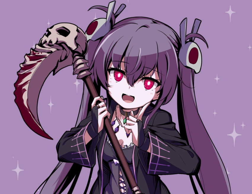 :d black_choker breasts choker cleavage female hair_ornament hands_up highres holding holding_scythe holding_weapon jewelry long_hair long_sleeves looking_at_viewer memento_(sennen_sensou_aigis) necklace pi_(pnipippi) pink_eyes purple_background purple_hair scythe sennen_sensou_aigis skull_hair_ornament small_breasts smile solo twintails very_long_hair weapon