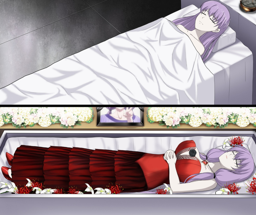 breasts cleavage closed_eyes closed_mouth coffin commentary_request corpse dress female flower frills funeral funeral_dress kyokou_suiri large_breasts lazy_tiger long_hair nanase_karin_(kyokou_suiri) own_hands_together pillow purple_hair solo spider_lily under_covers