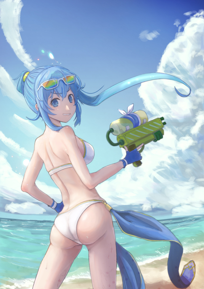 ass beach bikini blue_eyes blue_gloves blue_hair blue_sky day eyewear_on_head female fingerless_gloves gloves gun highres holding holding_gun holding_weapon long_hair looking_back meer_(sennen_sensou_aigis) ocean outdoors ponytail sennen_sensou_aigis sinonome_tounsai sky smile solo standing sunglasses swimsuit weapon wet white_bikini