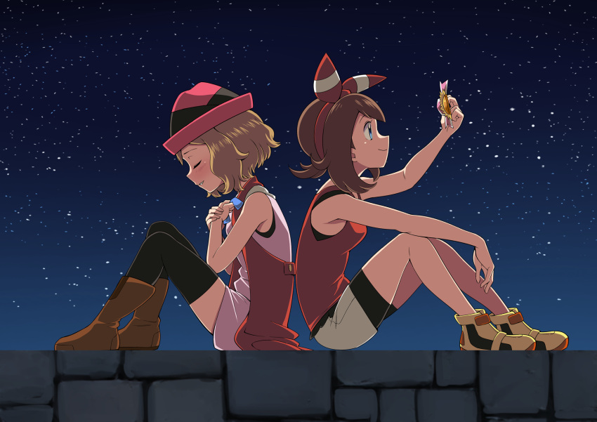 2girls back-to-back bare_arms bike_shorts bike_shorts_under_shorts black_legwear blue_ribbon blush boots bow_hairband brown_footwear brown_hair closed_eyes commentary commission dress from_side full_body hairband hat highres holding may_(pokemon) multiple_girls neck_ribbon night outdoors own_hands_together parted_lips pixiv_commission pokemon pokemon_(anime) pokemon_oras pokemon_xy_(anime) red_hairband ribbon serena_(pokemon) shirt shoes short_hair shorts sitting sky sleeveless sleeveless_shirt smile star_(sky) stone_wall suitenan thighhighs wall yellow_footwear zettai_ryouiki