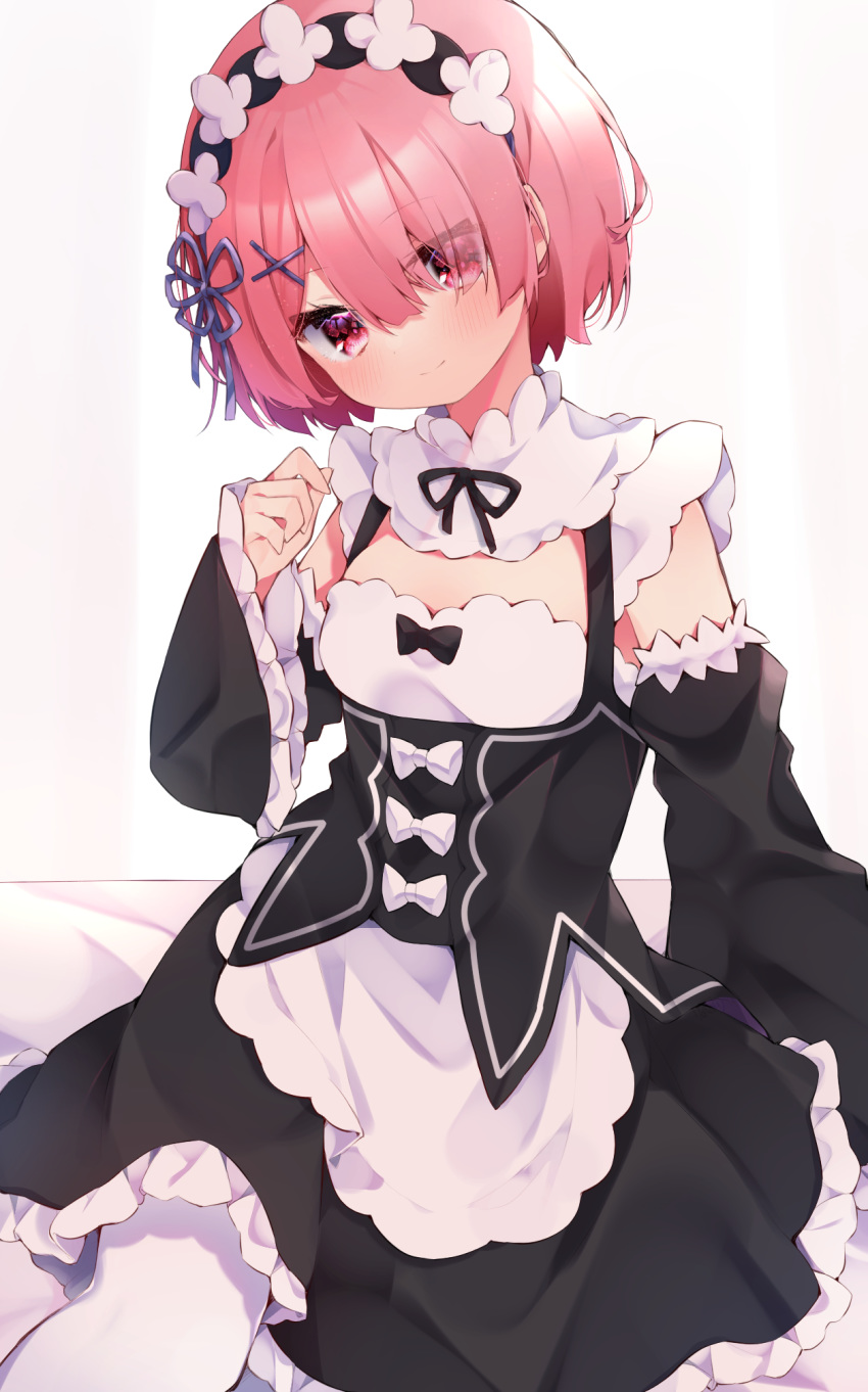 apron black_dress black_ribbon black_sleeves blush bow breasts closed_mouth commentary detached_sleeves dress eringikinono eyes_visible_through_hair female flower_knot frilled_apron frilled_dress frills hair_ornament hair_over_one_eye hair_ribbon highres long_sleeves looking_at_viewer maid maid_headdress pantyhose pink_hair ram_(re:zero) re:zero_kara_hajimeru_isekai_seikatsu red_eyes ribbon roswaal_mansion_maid_uniform short_hair simple_background sitting small_breasts smile solo waist_apron white_apron white_background white_pantyhose wide_sleeves x_hair_ornament