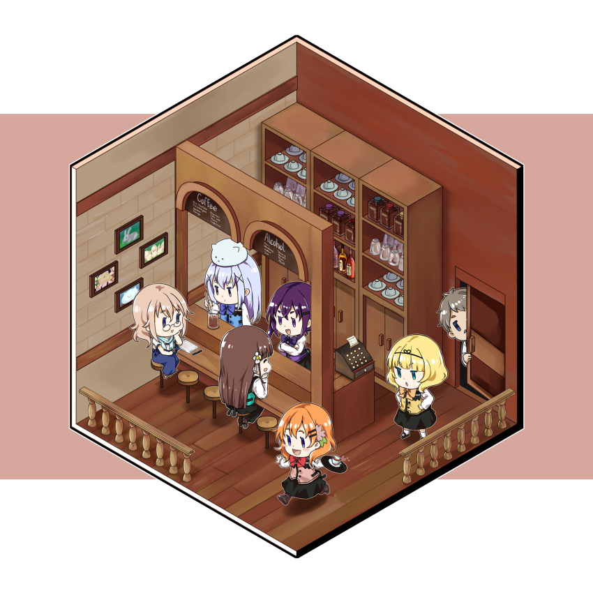 1boy 6+girls :d ^_^ aoyama_blue_mountain black_skirt blonde_hair blue_eyes blue_hair bottle brown_hair cashier chibi closed_eyes commentary cupboard floorplan glasses gochuumon_wa_usagi_desu_ka? green_eyes hair_ornament hairclip hands_on_own_hips highres hoto_cocoa indoors isometric kafuu_chino kafuu_takahiro kirima_syaro light_brown_hair long_hair multiple_girls open_mouth orange_hair peeking_out purple_eyes purple_hair rabbit rabbit_house_uniform running skirt sleepyowl_(jobkung15) smile tedeza_rize tippy_(gochiusa) ujimatsu_chiya wooden_floor x_hair_ornament