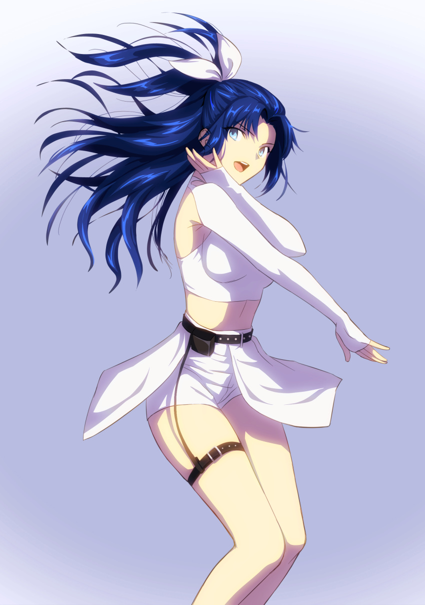 absurdres axia-chan belt belt_pouch blue_eyes blue_hair breasts bridal_garter ciel_(tsukihime) commentary_request crop_top dancing detached_sleeves elesia female garter_straps hair_ribbon highres legs_together long_hair long_sleeves medium_breasts messy_hair midriff navel open_mouth ponytail pouch ribbon shorts shorts_under_skirt single_garter_strap skirt sleeves_past_wrists solo teenage tsukihime white_ribbon white_shorts white_skirt