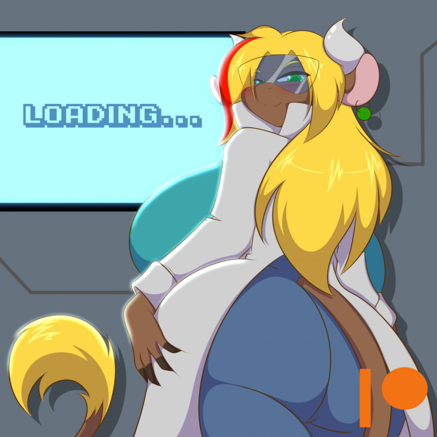 anthro ass big_breasts bovid bovine breasts cattle ear_piercing eyewear female goggles hi_res huge_breasts looking_at_viewer looking_back mammal mastergodai piercing rear_view safety_goggles scientist screen smile smiling_at_viewer solo thick_thighs