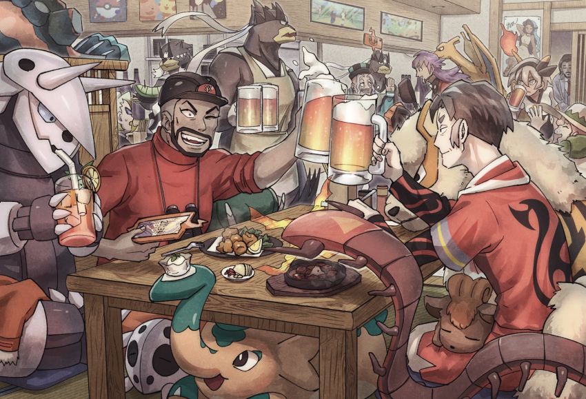 6+boys aggron alcohol apron arcanine aron bea_(pokemon) beer beer_mug binoculars black_headwear centiskorch charizard closed_eyes commentary_request copperajah cufant cup dark-skinned_male dark_skin drinking eye_contact female fire flame-tipped_tail foam food fork freckles fruit gordie_(pokemon) hat helmet highres holding holding_cup indoors kabu_(pokemon) korokoro_daigorou leon_(pokemon) long_hair looking_at_another milo_(pokemon) mug multiple_boys mustard_(pokemon) nessa_(pokemon) one_eye_closed open_mouth orange_(fruit) orange_slice peony_(pokemon) pink_hair plate pokemon pokemon_(creature) pokemon_swsh poster_(object) purple_hair rose_(pokemon) rotom rotom_phone shirt short_hair short_sleeves sitting smile standing table teeth tongue urshifu vulpix