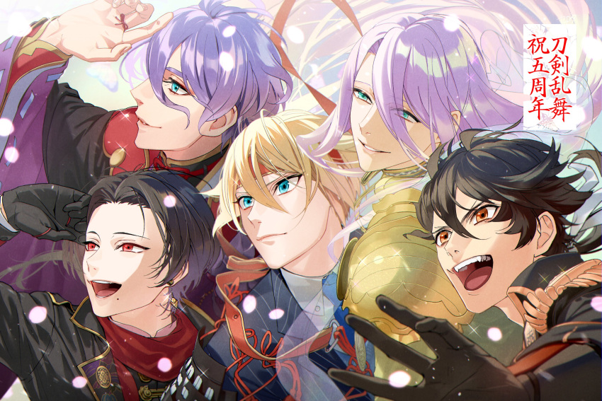 5boys armor bad_id bad_pixiv_id black_gloves blonde_hair blue_eyes brown_hair collared_shirt earrings gloves hachisuka_kotetsu hachisuka_kotetsu_(kiwame) headband highres japanese_clothes jewelry kasen_kanesada kasen_kanesada_(kiwame) kashuu_kiyomitsu kashuu_kiyomitsu_(kiwame) male_focus mole mole_under_mouth multiple_boys mutsu-no-kami_yoshiyuki mutsu-no-kami_yoshiyuki_(kiwame) necktie open_mouth petals purple_hair red_eyes red_scarf scarf serota shirt smile touken_ranbu upper_body yamanbagiri_kunihiro yamanbagiri_kunihiro_(kiwame) yellow_eyes