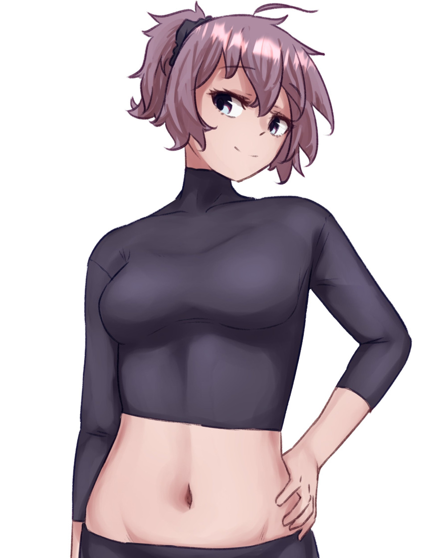 absurdres alternate_costume aoba_(kancolle) black_scrunchie black_sweater blue_eyes female hair_ornament hair_scrunchie hand_on_own_hip highres ikadamo kantai_collection looking_at_viewer messy_hair midriff navel ponytail purple_hair scrunchie simple_background smile solo sweater turtleneck turtleneck_sweater upper_body white_background