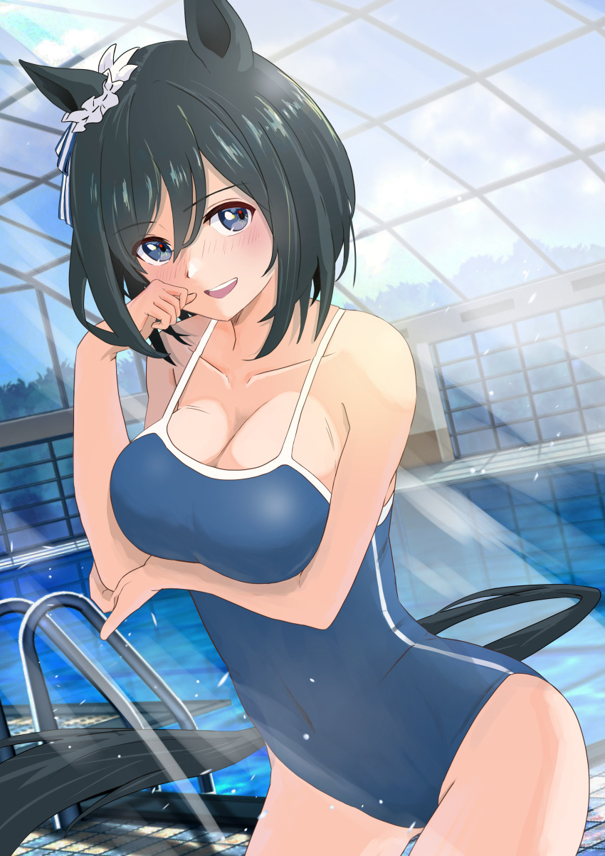 :d absurdres alternate_costume animal_ears arm_under_breasts bare_shoulders black_hair blue_eyes blue_one-piece_swimsuit blue_ribbon blue_sky blush bob_cut breast_hold breasts cleavage clenched_hand cloud collarbone commentary competition_school_swimsuit covered_navel cowboy_shot day double-parted_bangs dutch_angle ear_ribbon ear_scrunchie eishin_flash_(umamusume) female from_side groin hair_between_eyes hand_on_own_elbow hand_up highres horse_ears horse_girl horse_tail indoors large_breasts light_particles light_rays looking_at_viewer one-piece_swimsuit open_mouth pool pool_ladder poolside reflection reflective_water ribbon sanche_(3che3) school_swimsuit scrunchie short_hair single_vertical_stripe sky skylight skylight_(architecture) smile solo standing straight_hair sunbeam sunlight swimsuit tail tail_through_clothes teeth tile_floor tiles tree umamusume upper_teeth_only water white_scrunchie window