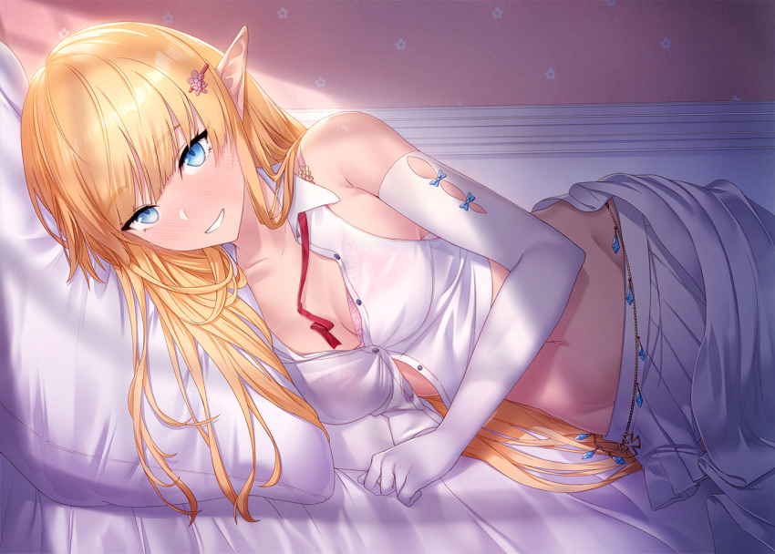 armpit_crease bare_shoulders blanket blonde_hair blue_eyes bra bra_peek breasts cleavage collarbone collared_shirt commission crop_top elbow_gloves elf elf_no_radral female gloves grin hair_ornament hairclip ibuki_notsu lying medium_breasts midriff miniskirt navel neck_ribbon on_bed on_side original partially_unbuttoned pillow pink_bra pleated_skirt pointy_ears ribbon shirt sidelocks skeb_commission skirt sleeveless sleeveless_shirt smile solo stomach underwear white_gloves white_shirt white_skirt